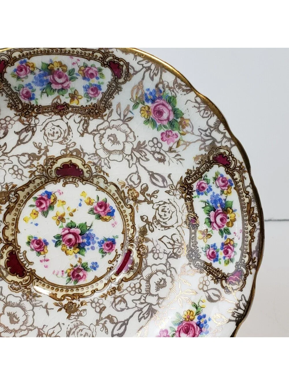 Vintage James Kent Demitasse Teacup & Saucer Pompadour England Gold Floral